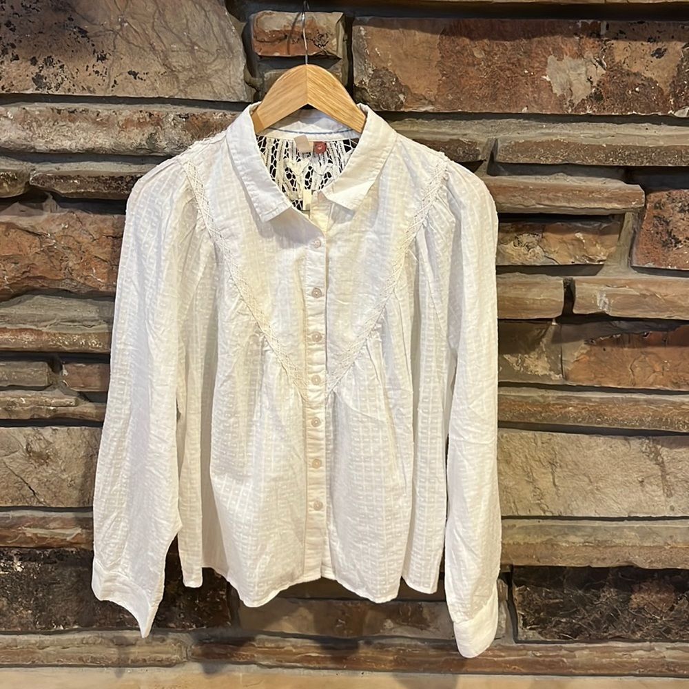 Anthropologie x Pilcro Swiss Dot and Lace Button Up Blouse
